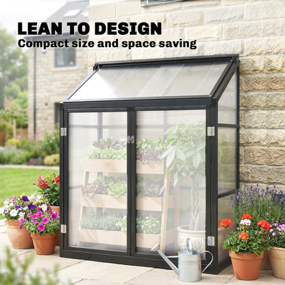 Polycarbonate Greenhouse with Hinged Door, Top Vent, Lean-to Green House, Walk-in Greenhouse, 4 x 2ft, Black