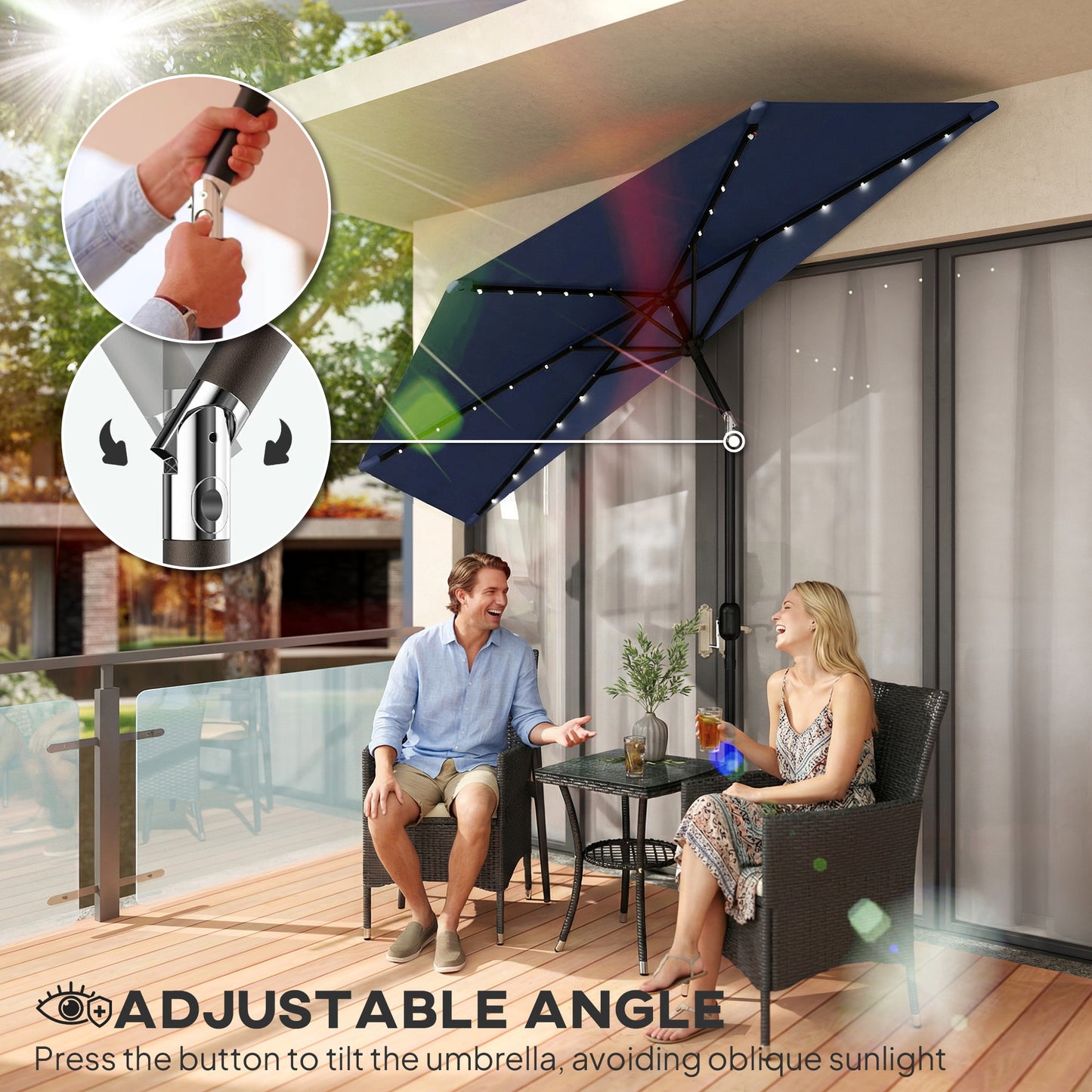 2.6 m Half Garden Parasol with Solar LED Lights, UPF50+ Semi Round Umbrella with 30° Tilt, Crank Handle, Dark Blue