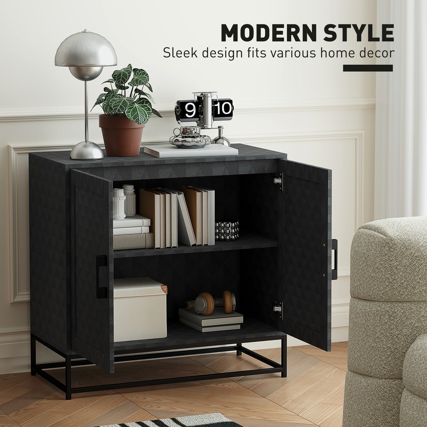 Modern Sideboard, Freestanding Sideboard Storage Cabinet with Adjustable Shelf and 2 Doors for Living Room, Black