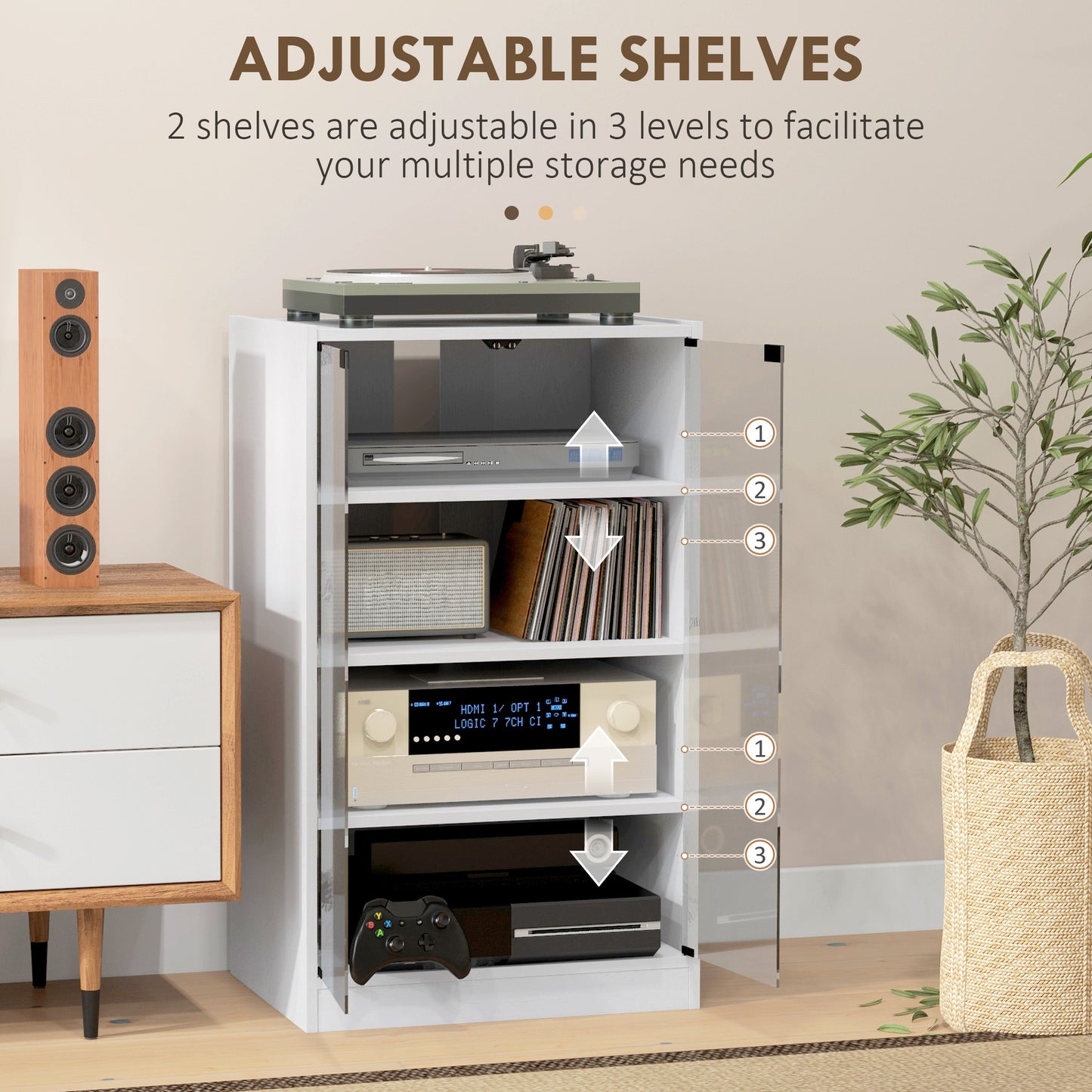 4-Tier Hi-Fi Stand, Record Player Stand with Adjustable Shelves and Push-to-Open Glass Doors, White Wood-Effect