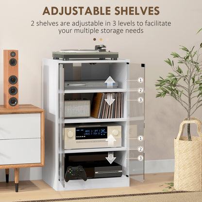 4-Tier Hi-Fi Stand, Record Player Stand with Adjustable Shelves and Push-to-Open Glass Doors, White Wood-Effect