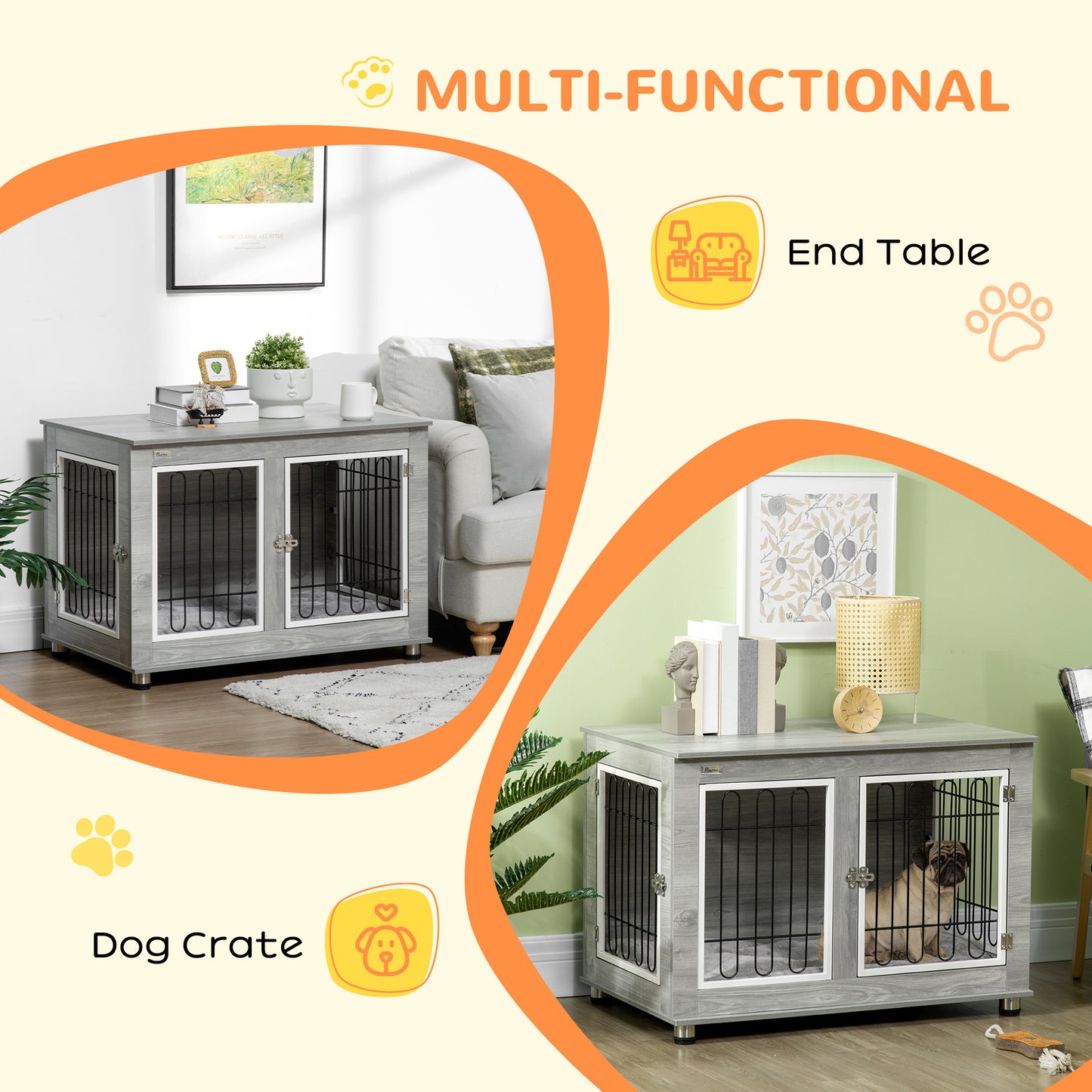 Dog Crate Furniture, Dog Cage End Table. with Soft Cushion, Double Door, for Medium/Large Dogs, Grey