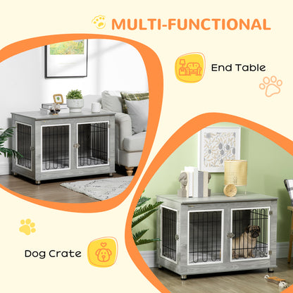 Dog Crate Furniture, Dog Cage End Table. with Soft Cushion, Double Door, for Medium/Large Dogs, Grey