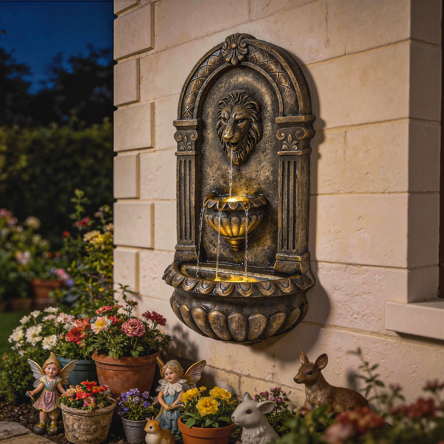 Wall-Mounted Water Fountain, 3-Tier Cascading Waterfall with LED Lights and Adjustable Flow for Patio, Rustic Brown