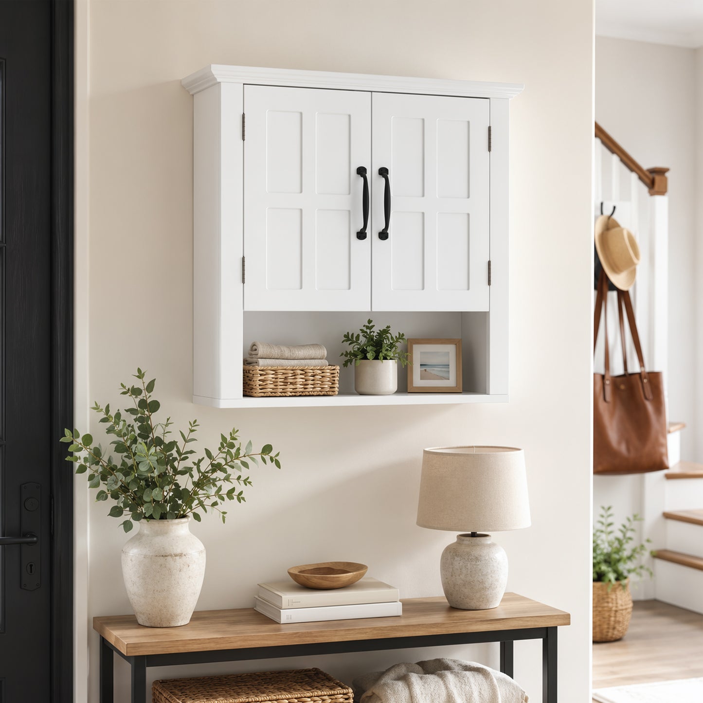 Bathroom Wall Cabinet, Medicine Cabinet, Kitchen Cupboard with 2 Doors and Adjustable Shelf, White