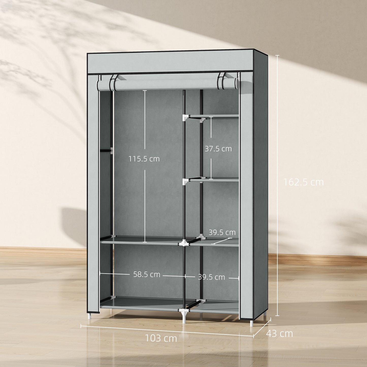 Fabric Wardrobe w/ Shelves Hanging Rail Foldable Wardrobe Light Grey
