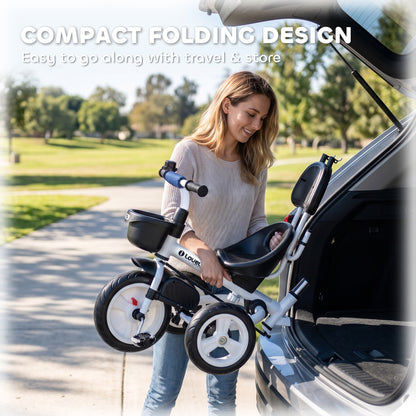 Metal Frame 6 in 1 Baby Push Tricycle with Parent Handle for 1-5 Years Old, Dark Blue
