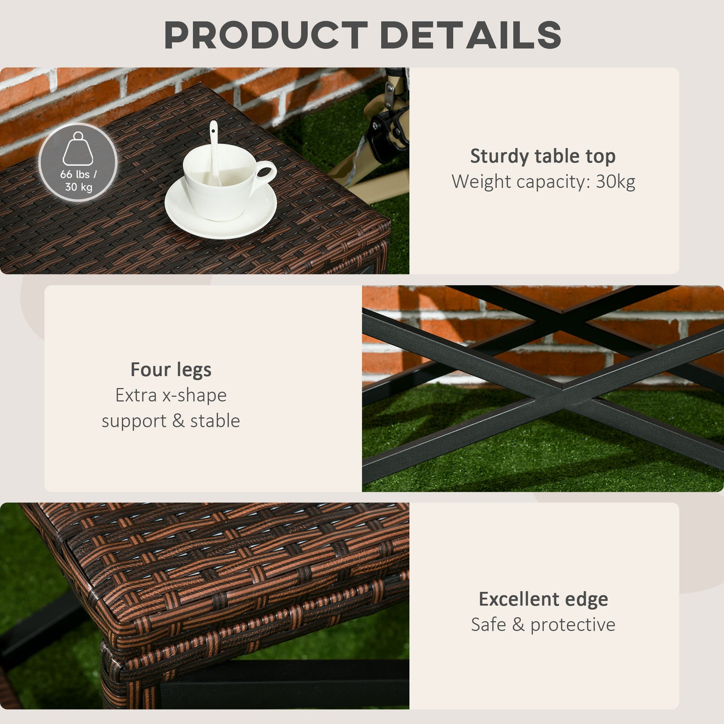 PE Rattan Garden Side Table, Outdoor Coffee Table with X-Shape Frame, Mixed Brown