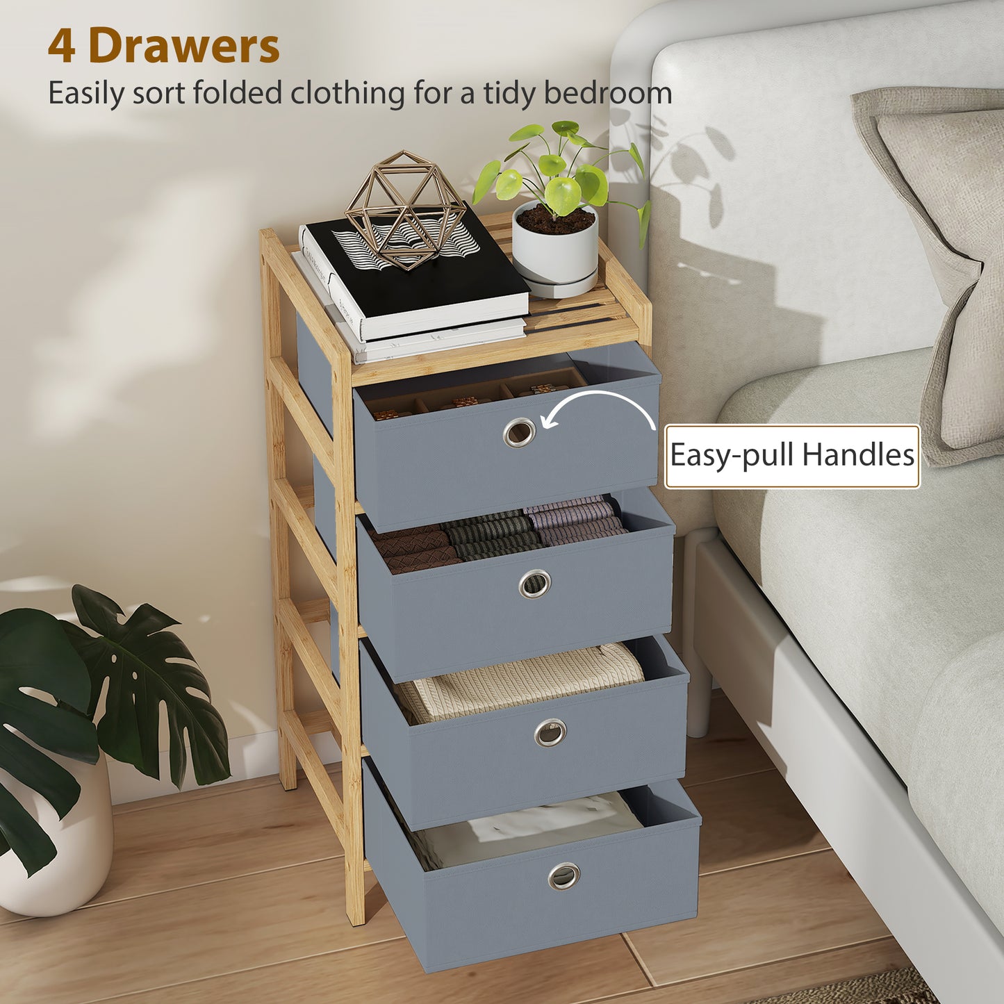 Chest of Drawers, 4 Fabric Drawers Narrow Dresser with Bamboo Frame, Light Grey