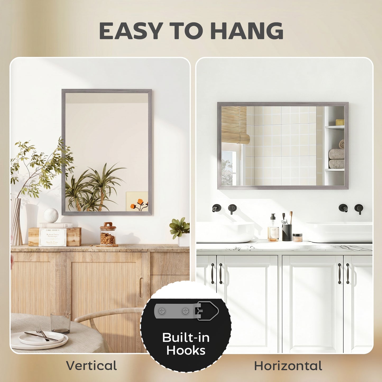 Wall Bathroom Mirror, 50 x 70 cm Wall-Mounted Mirror for Living Room, Bedroom, Hallway, Grey