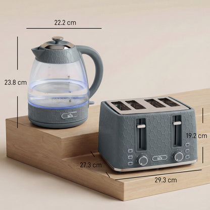 Kettle and Toaster Set, 1.7L 3000W Rapid Kettle with Strix Thermostat, 4 Slice Toaster with 7 Browning Controls, Grey