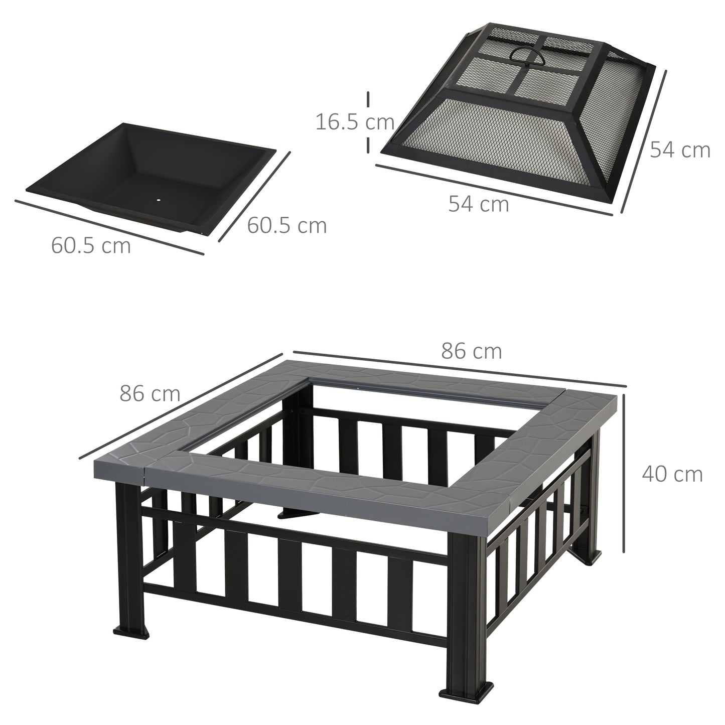 Metal Large Firepit Outdoor Square Fire Pit Brazier with Rain Cover, Lid, Log Grate, Poker for Backyard, Camping, BBQ