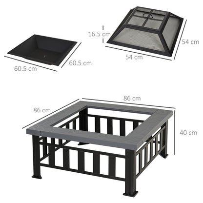 Metal Large Firepit Outdoor Square Fire Pit Brazier with Rain Cover, Lid, Log Grate, Poker for Backyard, Camping, BBQ