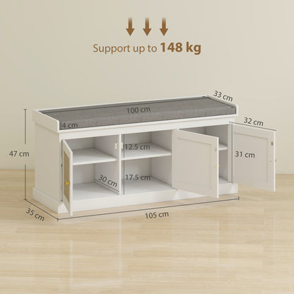 Shoe Storage Bench with Woven Rattan Doors, Seat - White
