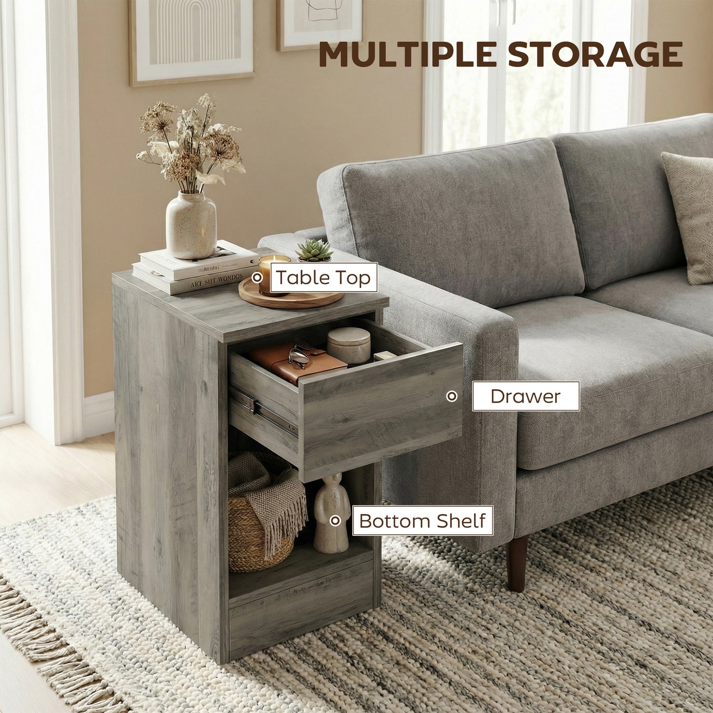 Set of Two Modern Storage Bedside Tables - Grey