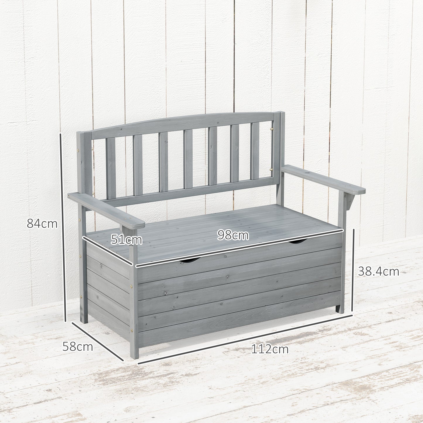 Outdoor 2 Seater Garden Bench, Wooden Bench with Storage, Backrest, Arm Rests, 112 x 84 x 58 cm, Grey