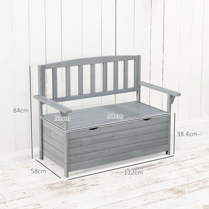 Outdoor 2 Seater Garden Bench, Wooden Bench with Storage, Backrest, Arm Rests, 112 x 84 x 58 cm, Grey
