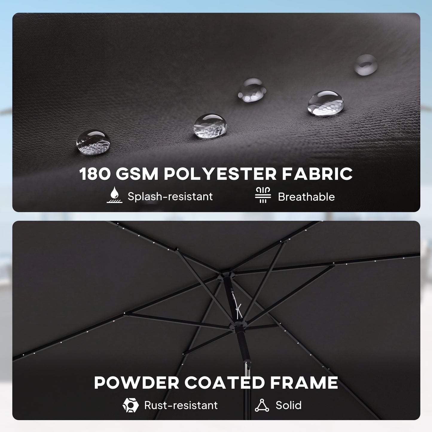 3 x 2 m Garden Parasol Umbrella with LED Solar Light, Parasol Cover, Outdoor Market Patio Umbrella, Black