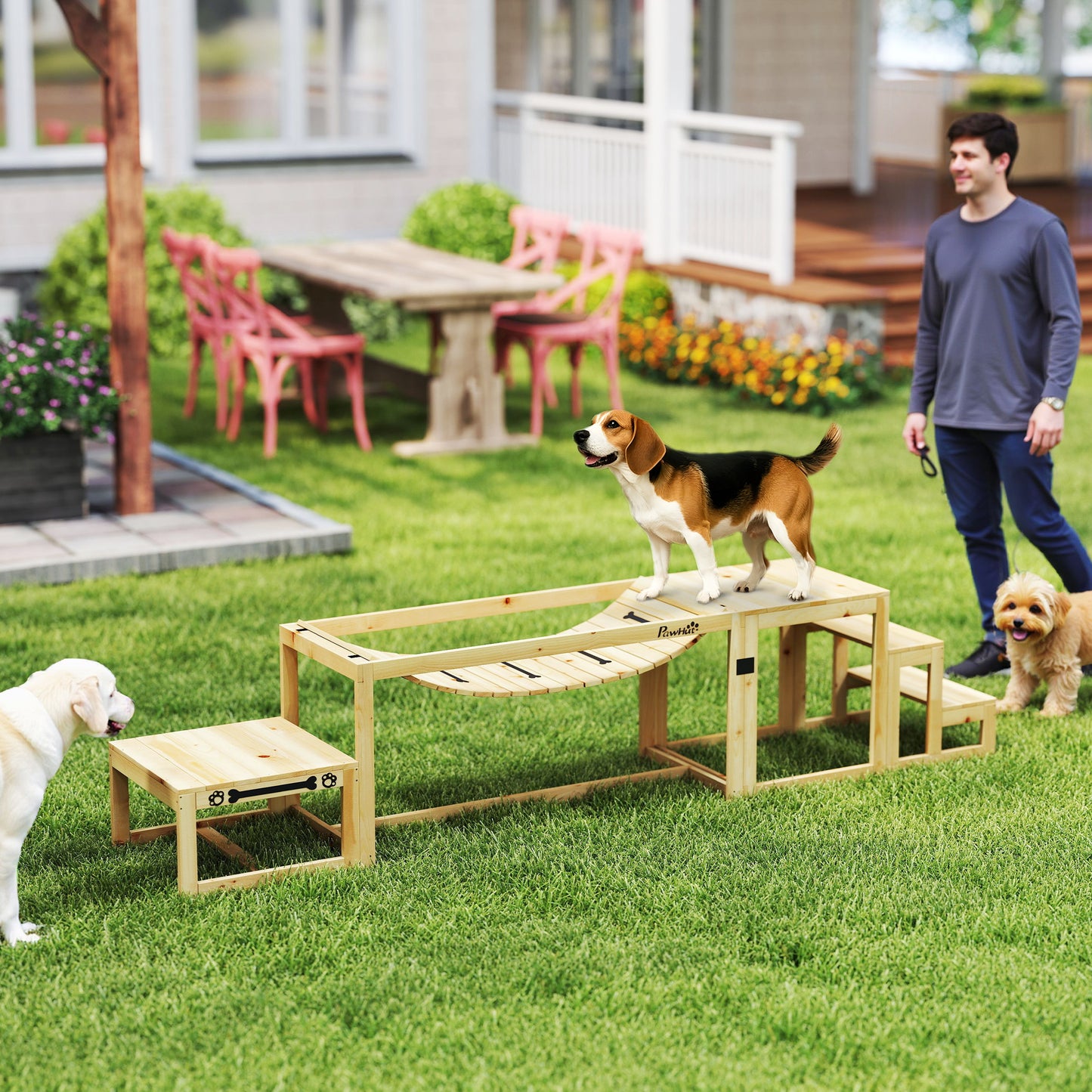 3 Pieces Wooden Dog Agility Training Equipment with Soft Bridge, Pause Platform and Pet Stair for Outdoor, Natural Wood