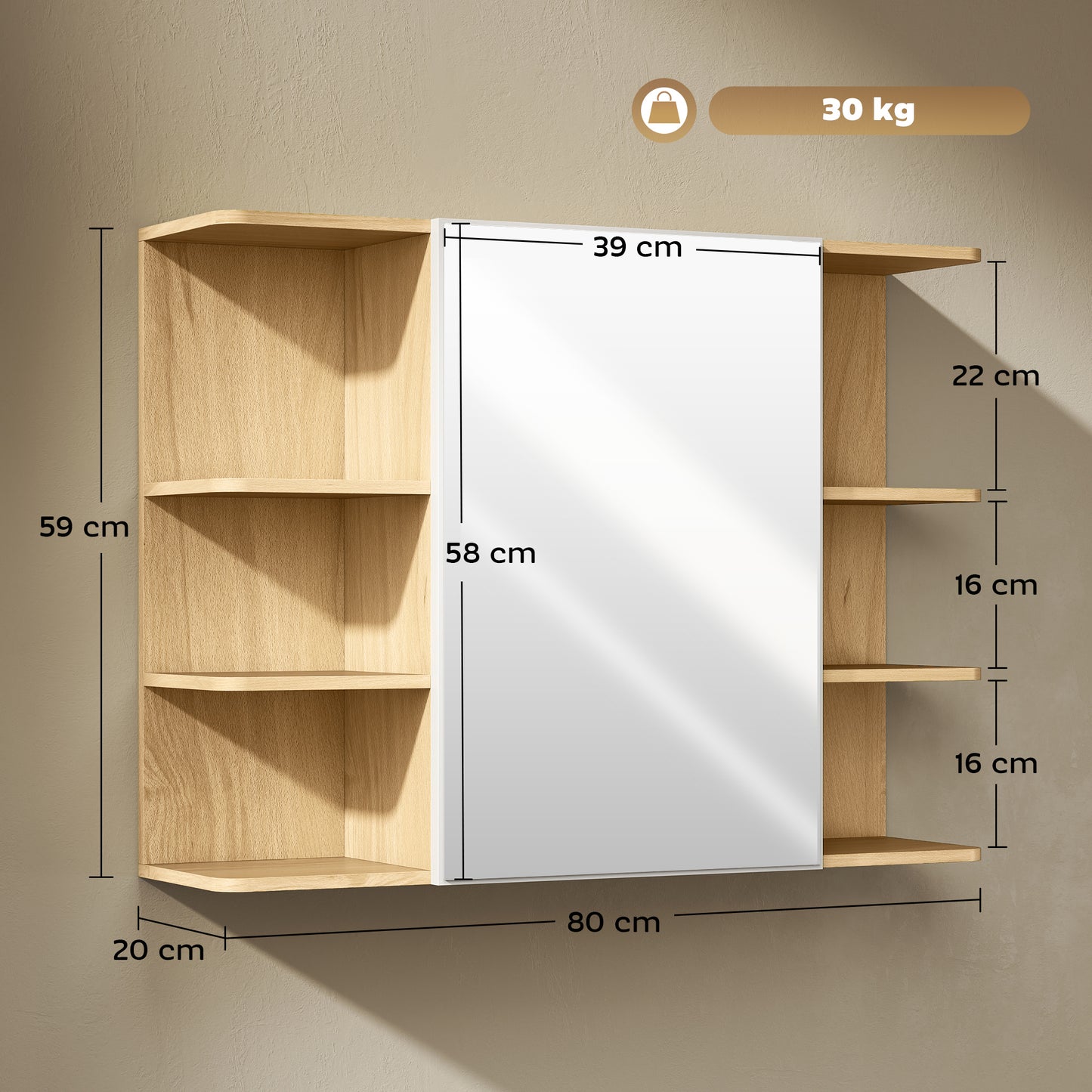 Bathroom Mirror Cabinet with Open Storage Shelves - Natural Wood Finish