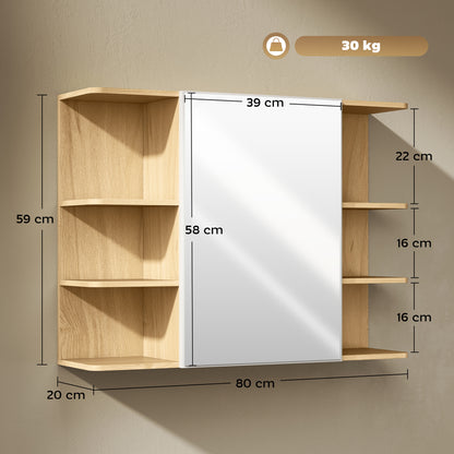 Bathroom Mirror Cabinet with Open Storage Shelves - Natural Wood Finish