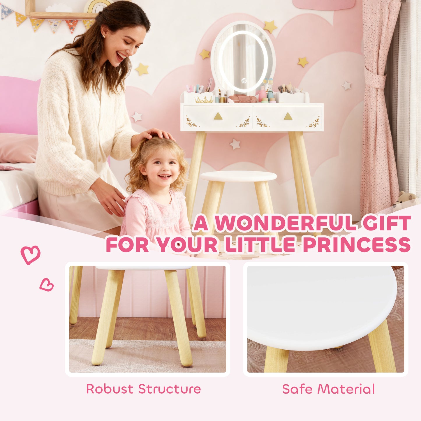 Kids Vanity Table and Chair Set with 3-Colour LED Lights Mirror, Drawer, Storage Boxes, for 3+ Years, White