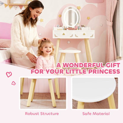 Kids Vanity Table and Chair Set with 3-Colour LED Lights Mirror, Drawer, Storage Boxes, for 3+ Years, White