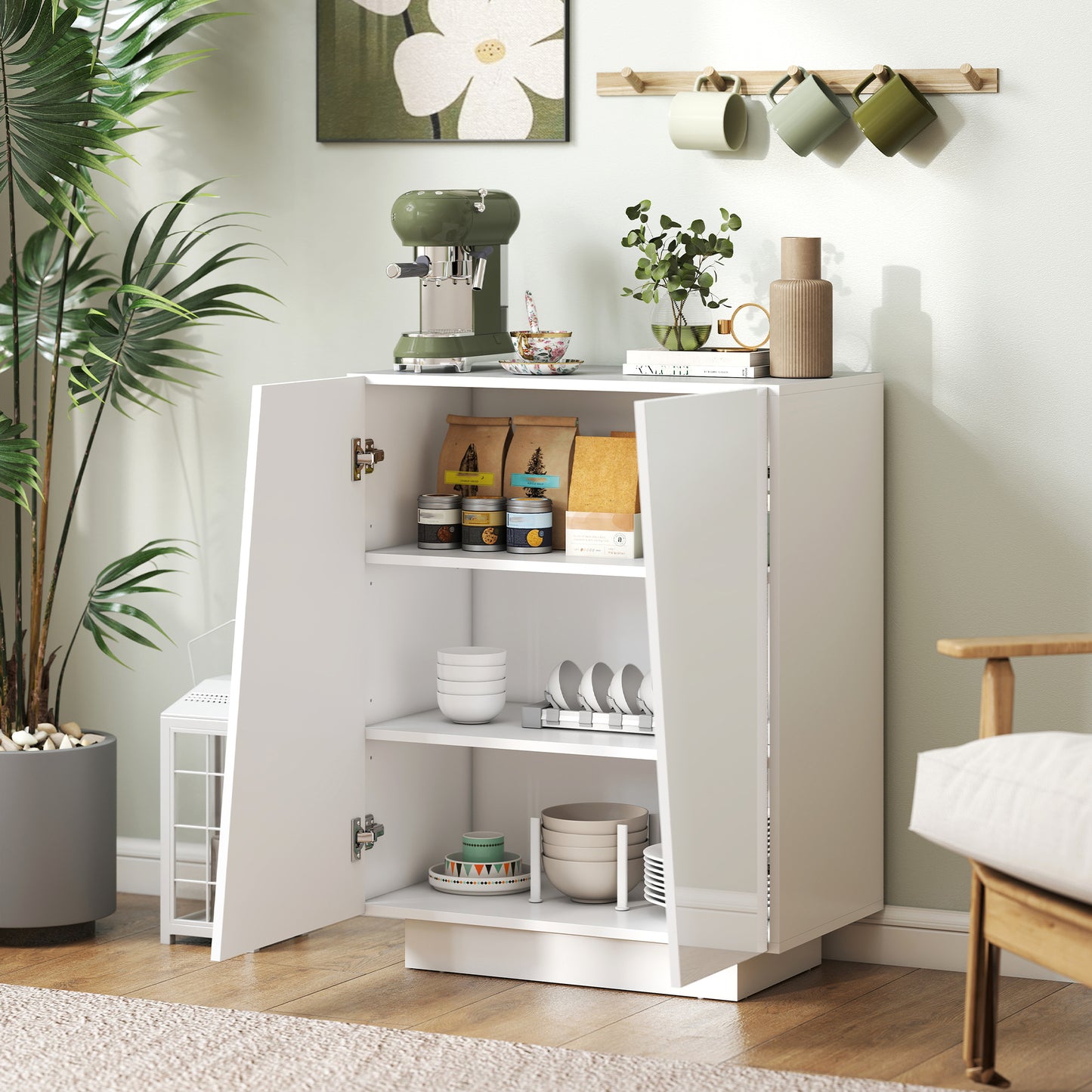 High Gloss Storage Cabinet, Freestanding Storage Cupboard with Adjustable Shelves for Living Room, Bedroom, Hallway, White