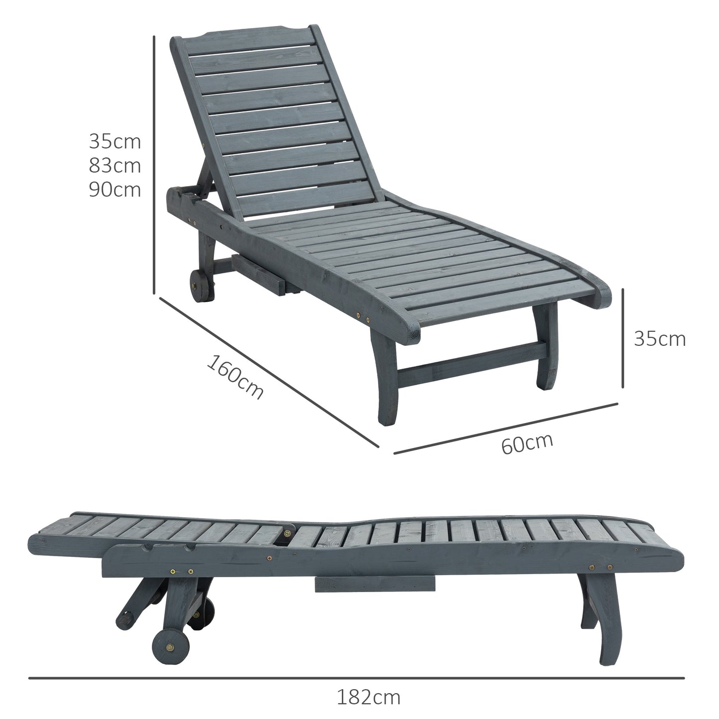 Garden Patio Sun Lounger, Outdoor Wooden Sun Bed with Built-In Table, Reclining Backrest and Rolling Wheels for Sunbathing