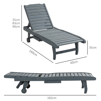 Garden Patio Sun Lounger, Outdoor Wooden Sun Bed with Built-In Table, Reclining Backrest and Rolling Wheels for Sunbathing