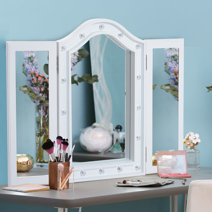 Trifold Tabletop Mirror, 73x53.5cm Makeup Mirror Large Cosmetic w/16 LED Lights Powered by Batteries, Foldable For Bedroom