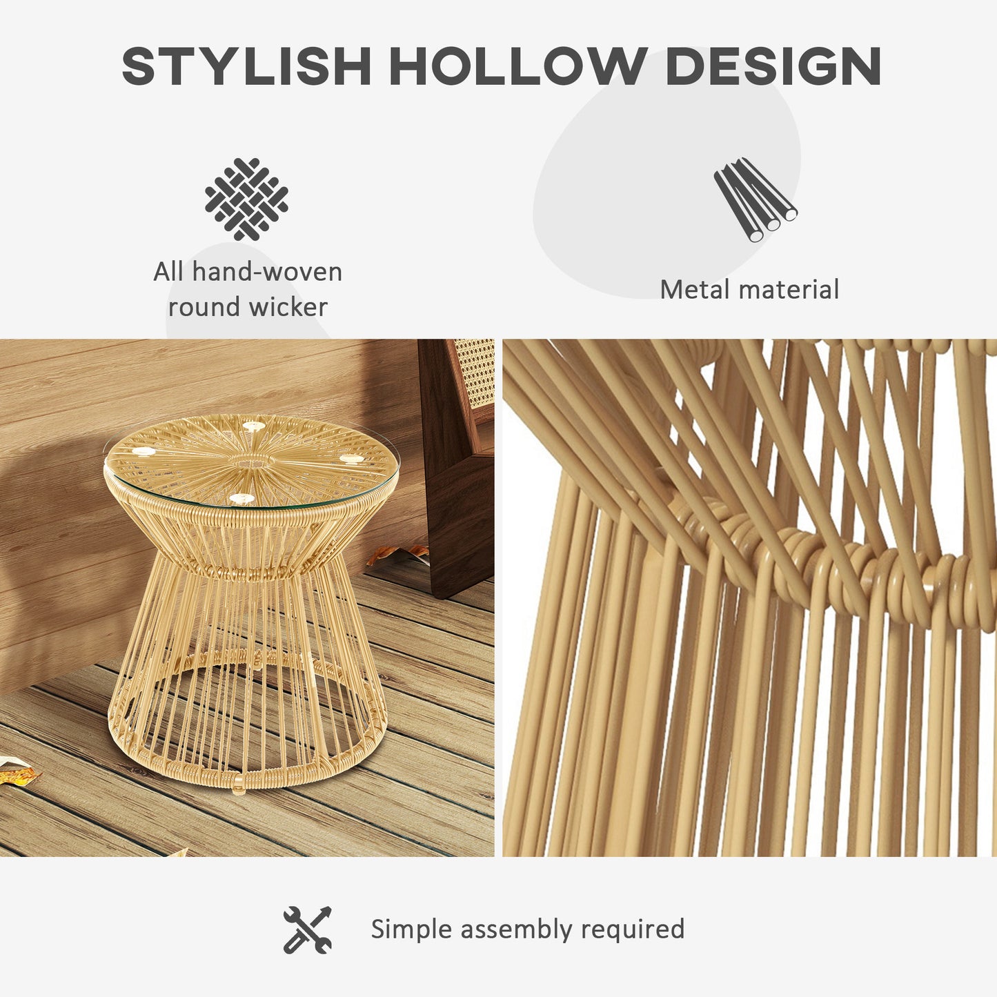 Round End Table, Rattan Side Table, Hollow Drum Design Coffee Table w/ Glass Tabletop for Patio, Garden, Balcony Natural