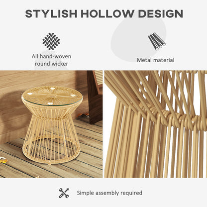 Round End Table, Rattan Side Table, Hollow Drum Design Coffee Table w/ Glass Tabletop for Patio, Garden, Balcony Natural