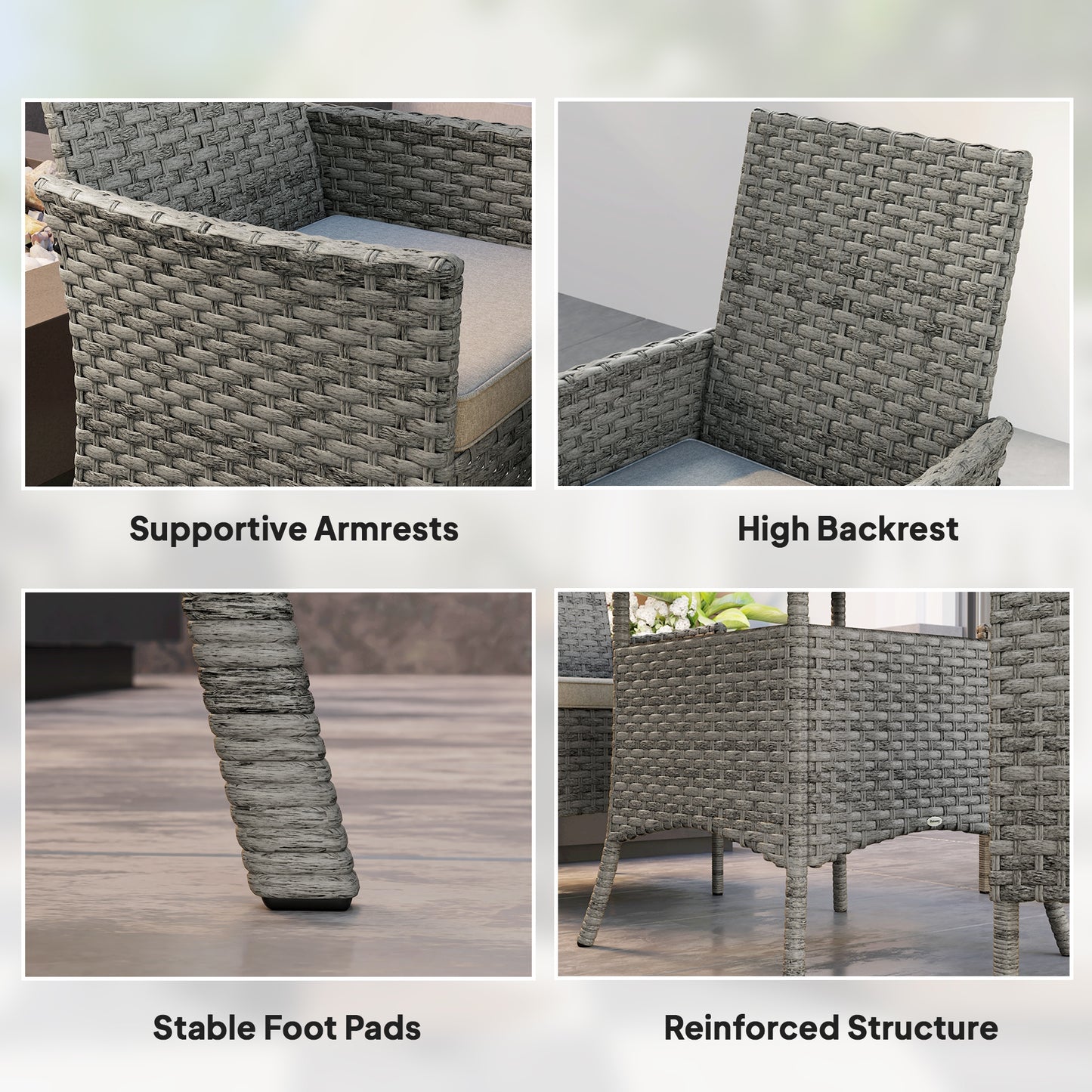Rattan Garden Furniture Set, Outdoor Dining Table and Chairs 4 Seater with Cushions, Square Tempered Glass Top, 4 Armchairs