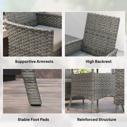 Rattan Garden Furniture Set, Outdoor Dining Table and Chairs 4 Seater with Cushions, Square Tempered Glass Top, 4 Armchairs