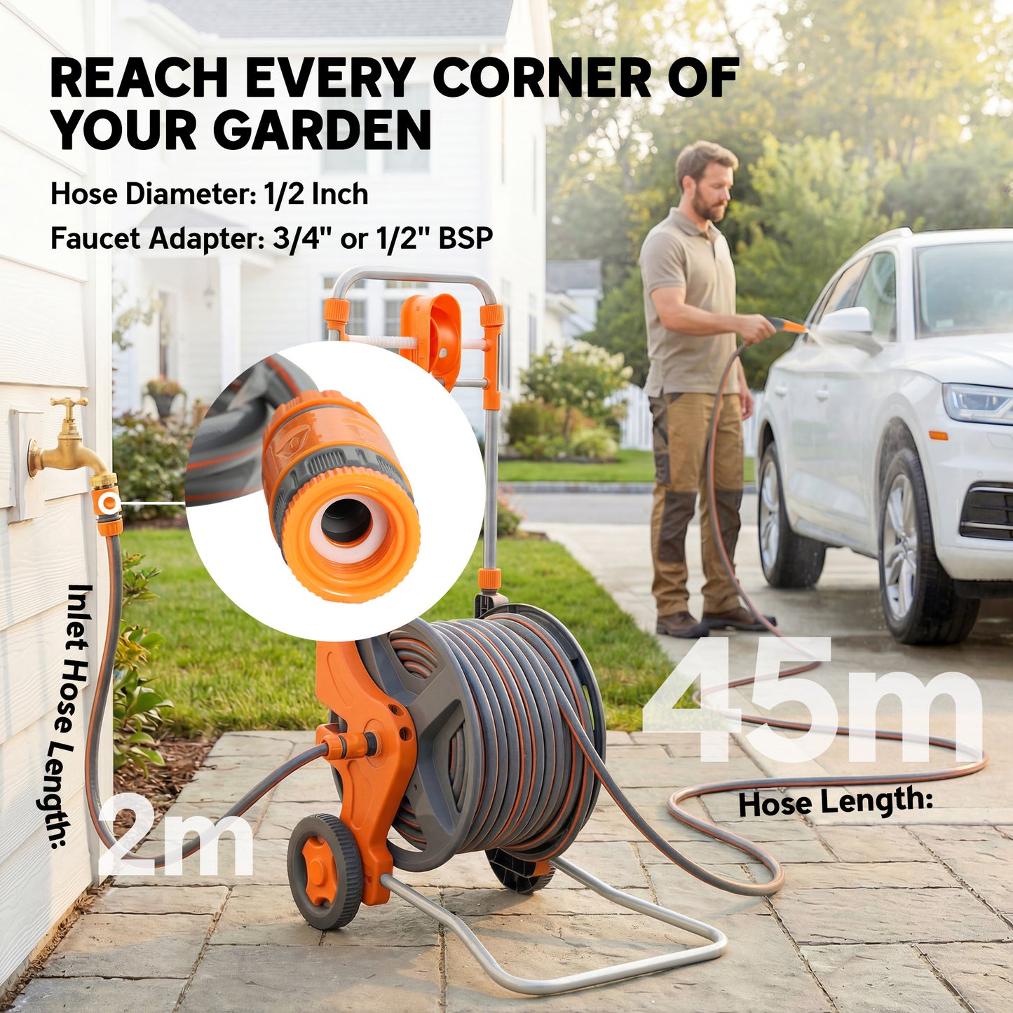 Hose Reel Cart with Wheels, 45+2m Garden Hose Reel with 2 Patterns Nozzle, Faucet Adaptors and Rewind Handle, Orange