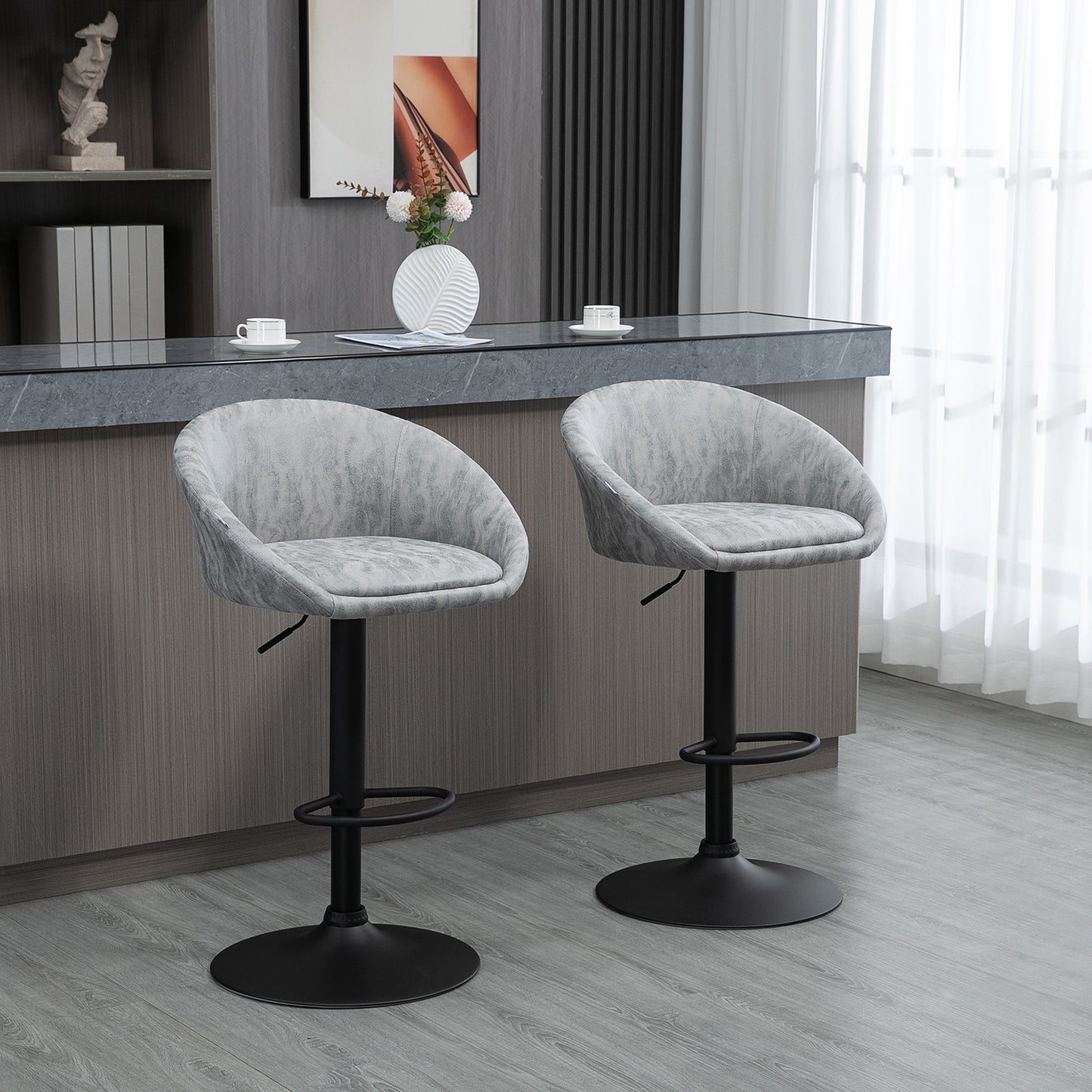 Modern Bar Stools Set of 2, Height Adjustable Swivel Barstools, PU Leather Upholstered Bar Chair with Backrest