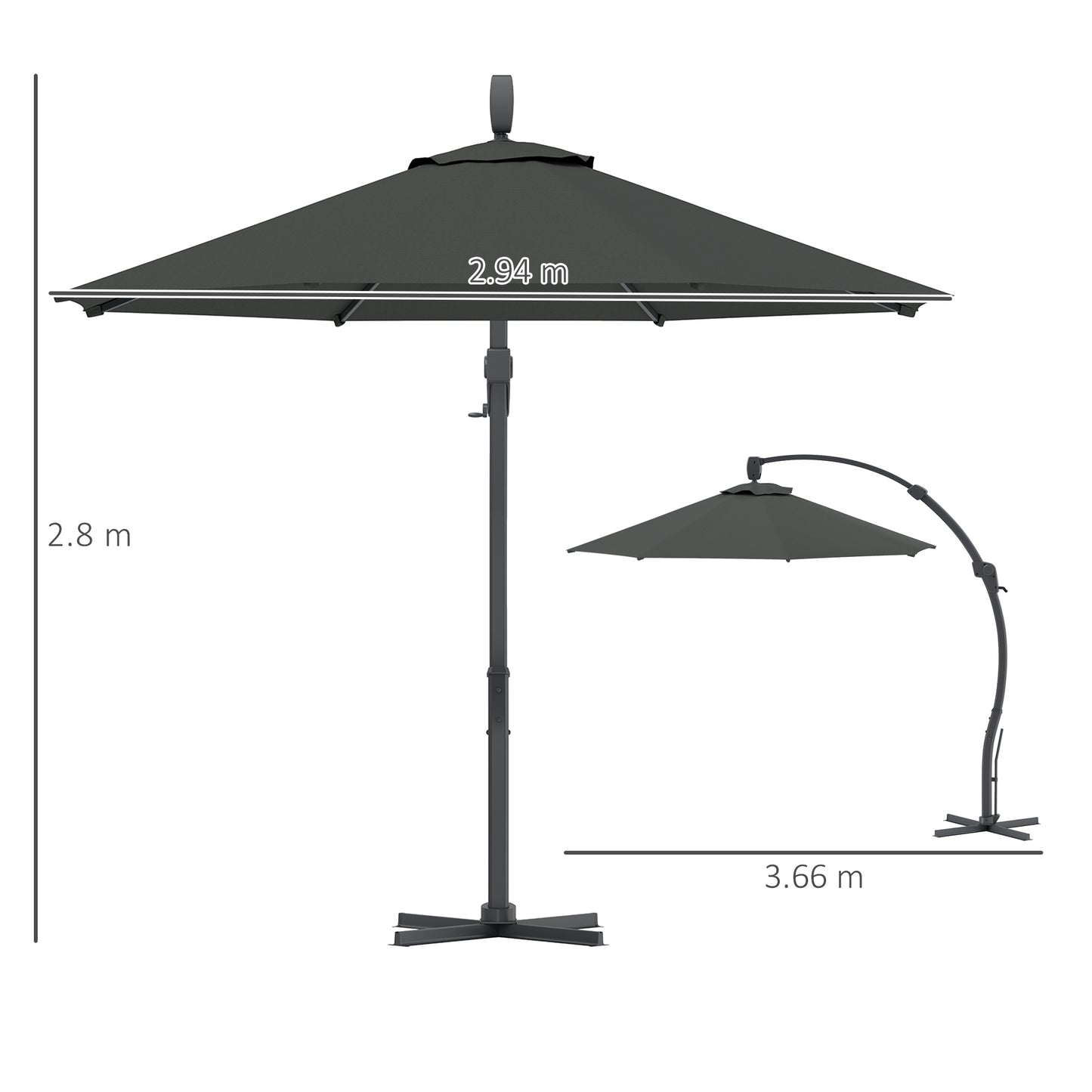3(m) Garden Cantilever Parasol, Round Overhanging Umbrella with Crank Handle, Cross Base, Aluminium Frame and 360° Rotation