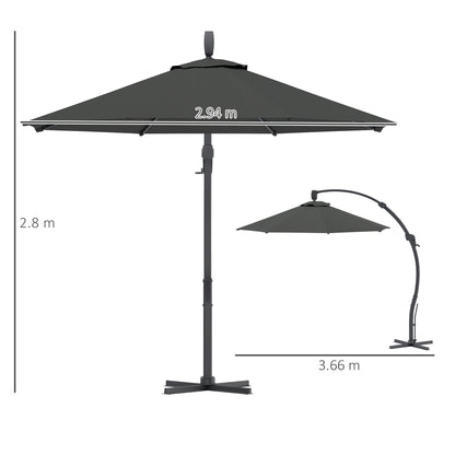 3(m) Garden Cantilever Parasol, Round Overhanging Umbrella with Crank Handle, Cross Base, Aluminium Frame and 360° Rotation