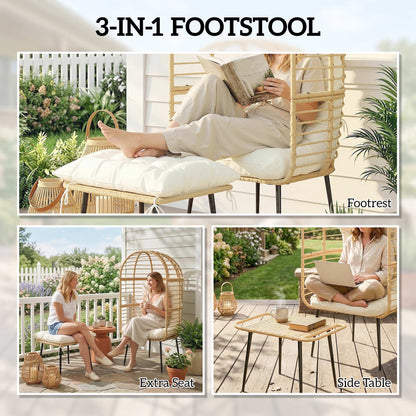 Garden Egg Chair with Footstool, Rattan Indoor Outdoor Lounge Chair and Ottoman Set with Thick Cushions, Beige
