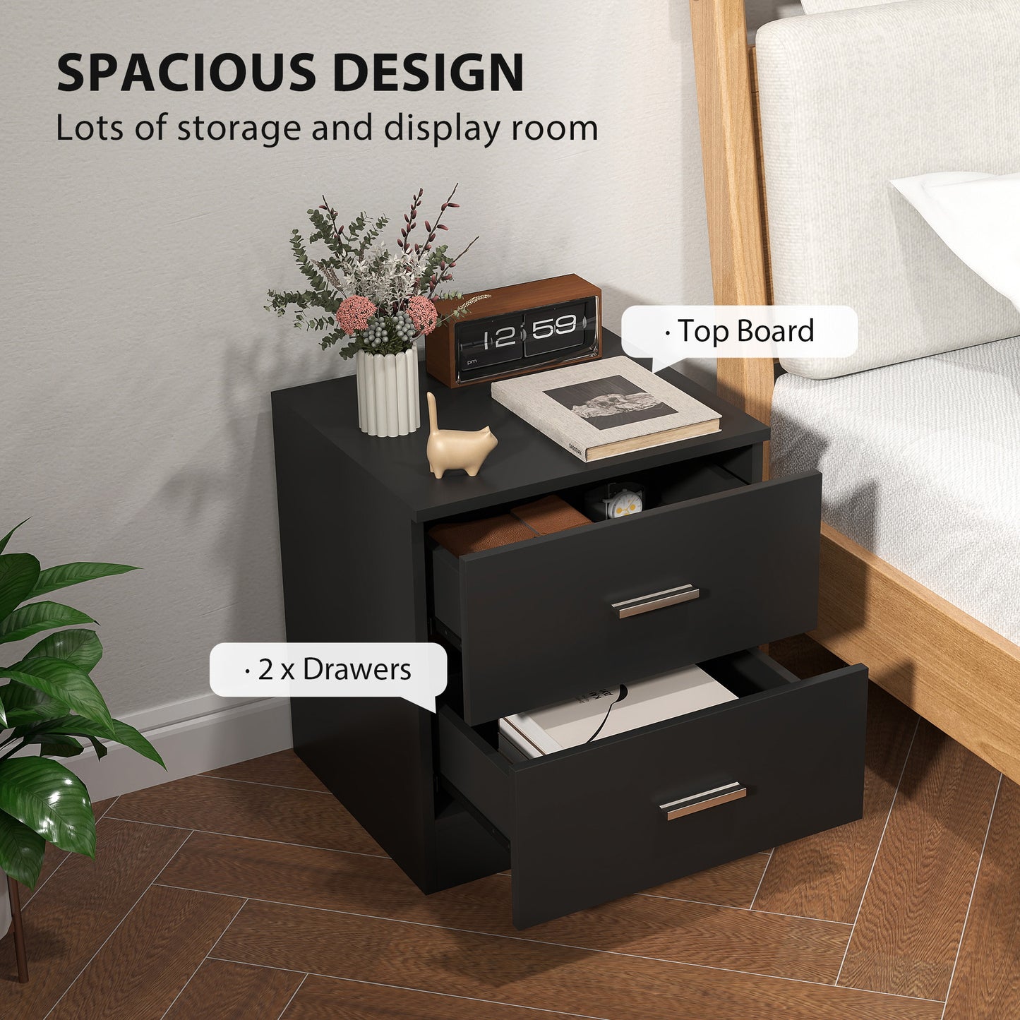 Modern Bedside Table, Beside Cabinet with 2 Drawers, for Bedroom, Living Room, Black
