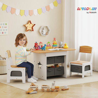 Kids Table and Chair Set, Toddler Table and 2 Chairs Set with 6 Removable Drawers, for Boys Girls Ages 3-8, Natural