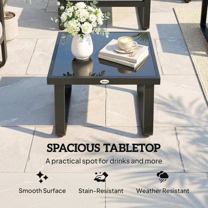Outdoor Garden Coffee Table, Rectangle Metal Side Table with Tempered Glass Tabletop, Adjustable Foot Pads