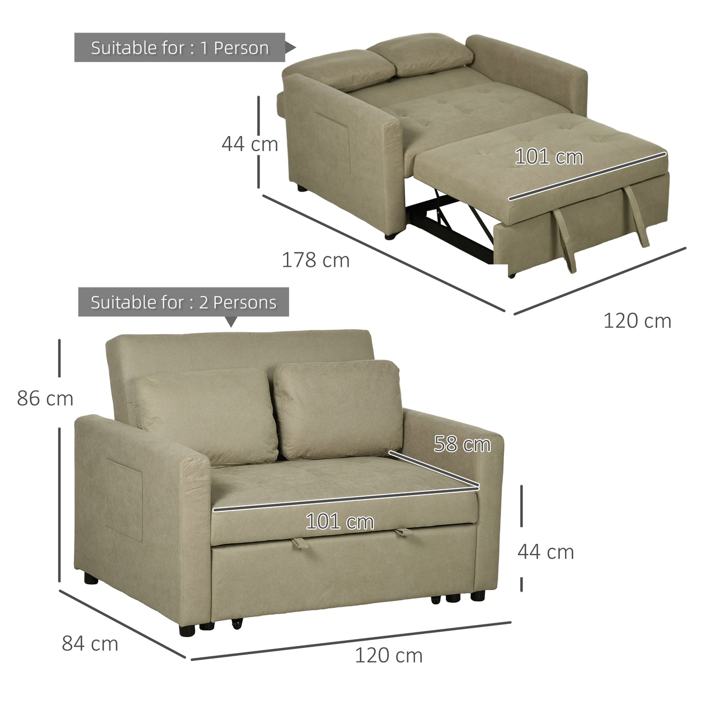 Loveseat Sofa Bed, Convertible Bed Settee with 2 Pillows, Side Pockets, Light Brown