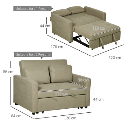 Loveseat Sofa Bed, Convertible Bed Settee with 2 Pillows, Side Pockets, Light Brown