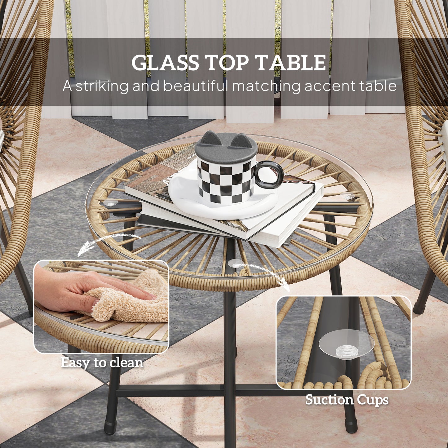 3 Pieces Rattan Bistro Set, Wicker Small Garden Table and Chairs Set with Cushions and Glass Top Coffee Table