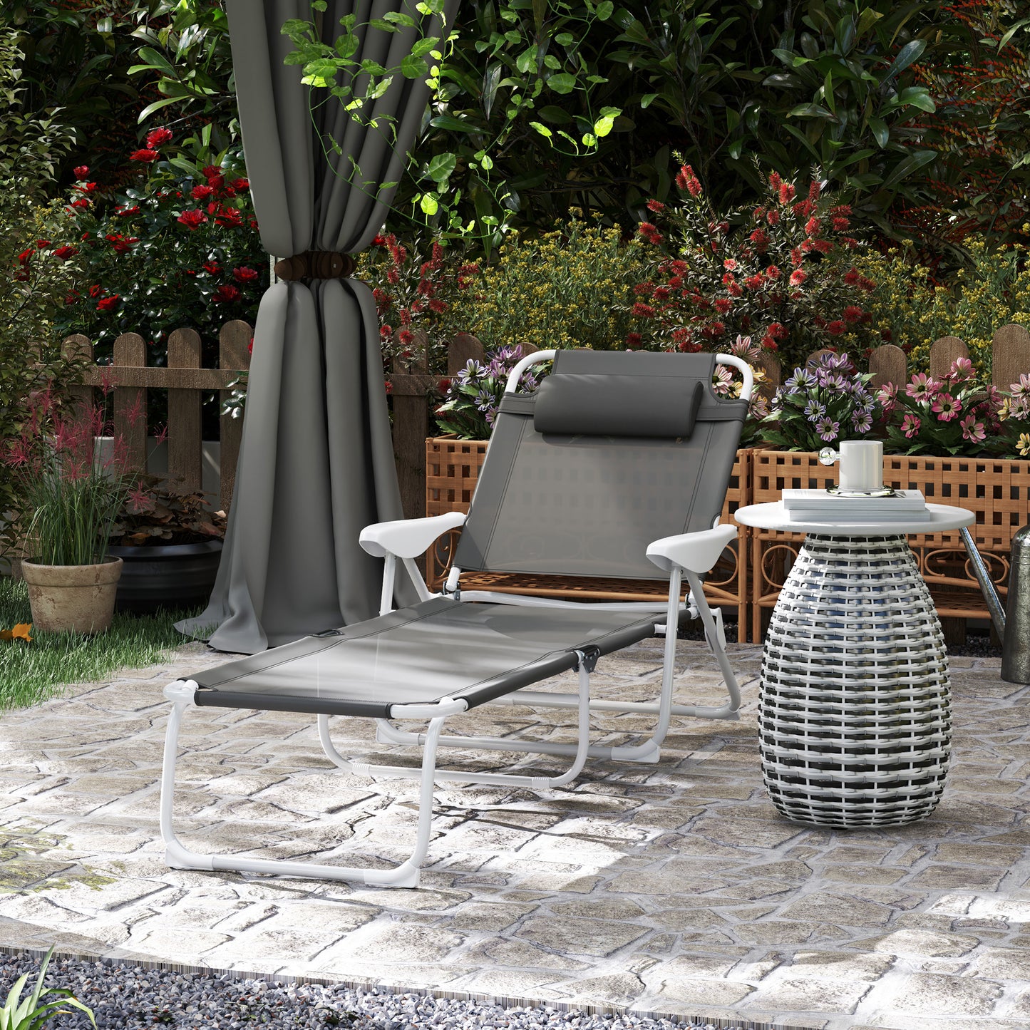 Foldable Lounge Chair with 4-Level Adjustable Backrest & Headrest - Charcoal Grey