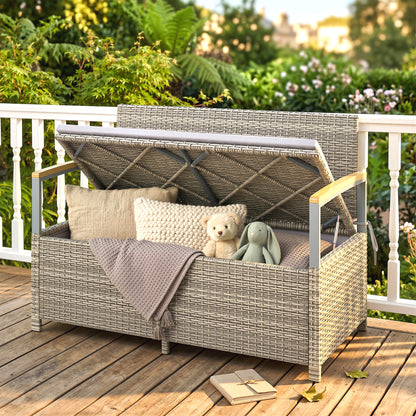 170 L Garden Storage Bench with Zipped Liner, 2 Seater Rattan Garden Bench with Storage, Gas Strut, Cushion, Light Grey