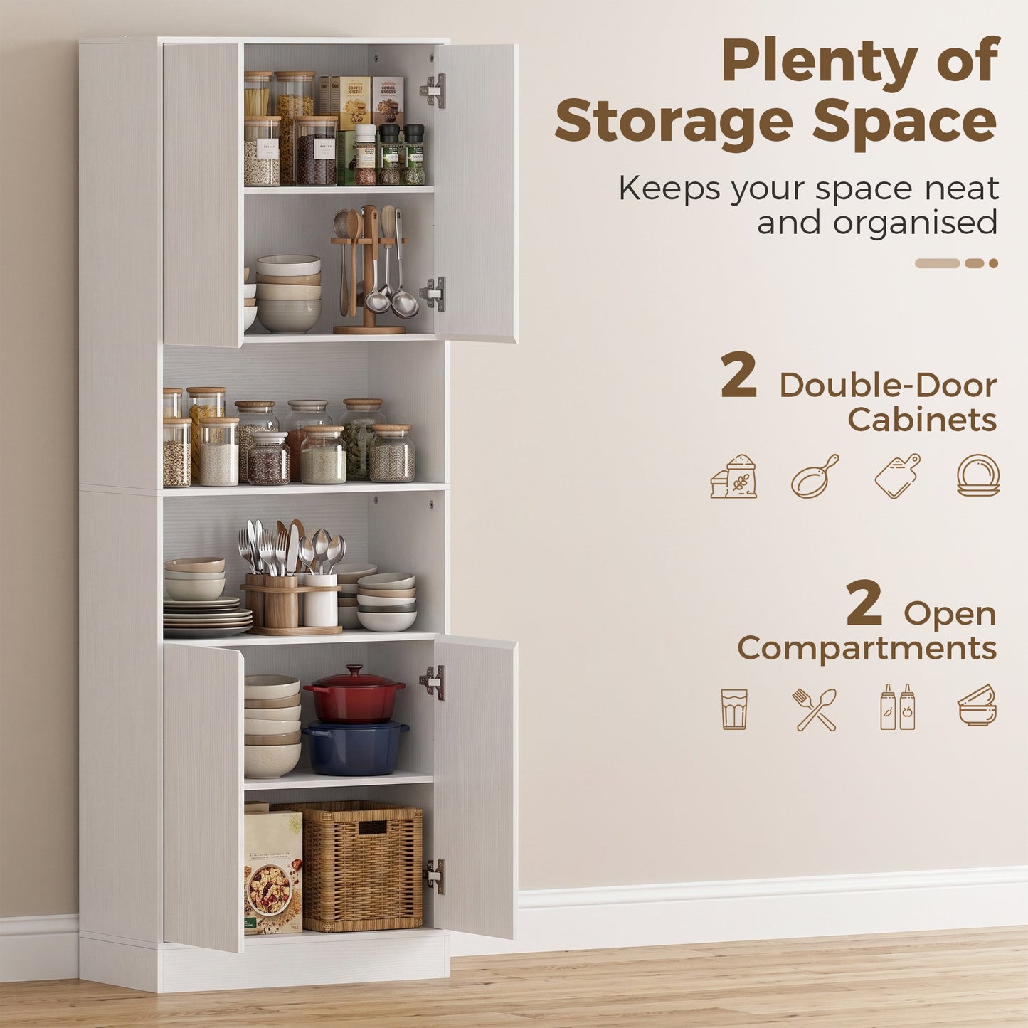 170 cm Kitchen Pantry Cabinet, Freestanding Storage Cabinet with Soft-Close Hinges, White Wood Effect