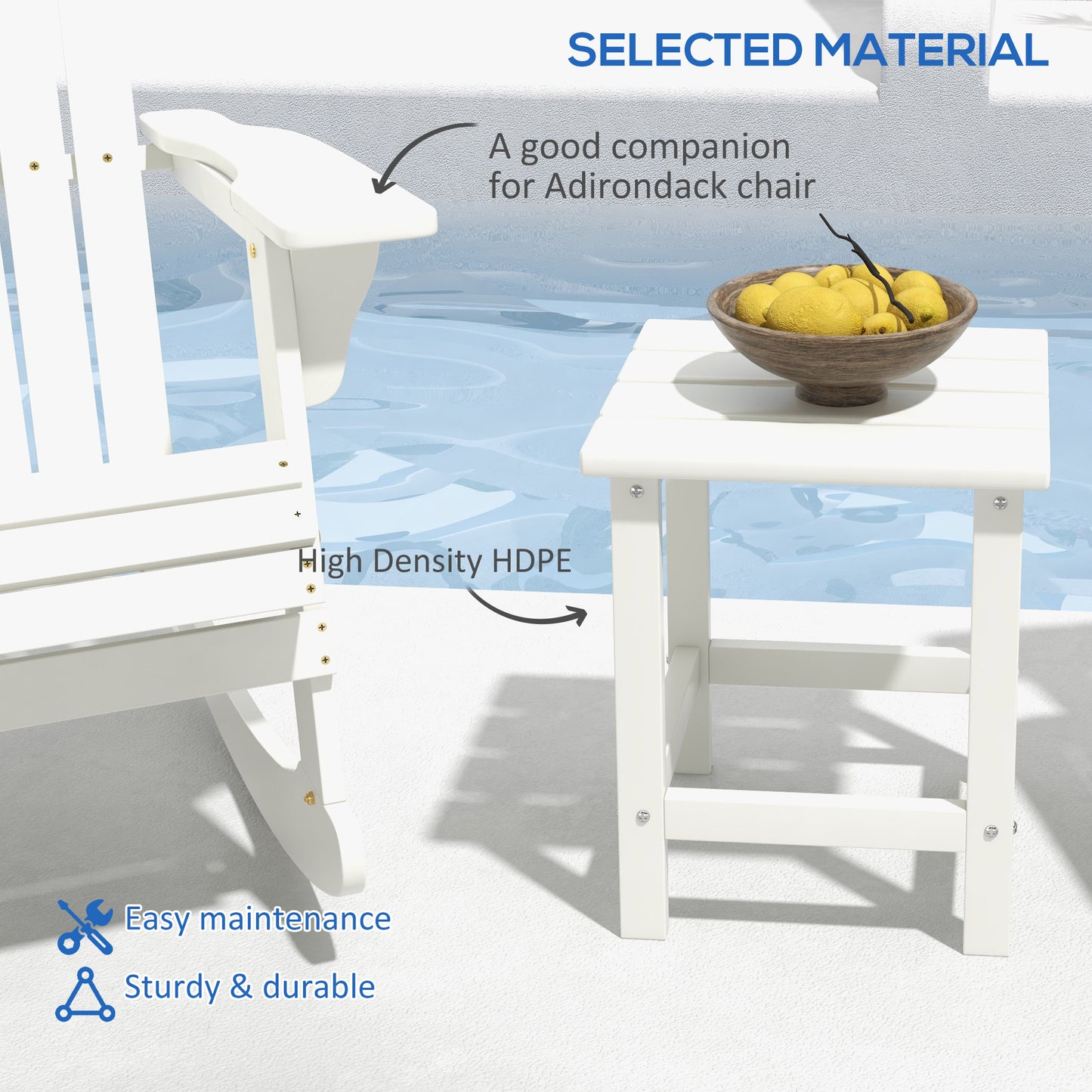 Square Coffee Table, HDPE Tabletop and Frame for Porch, Garden, Side Table, 38 x 38 x 46 cm, White